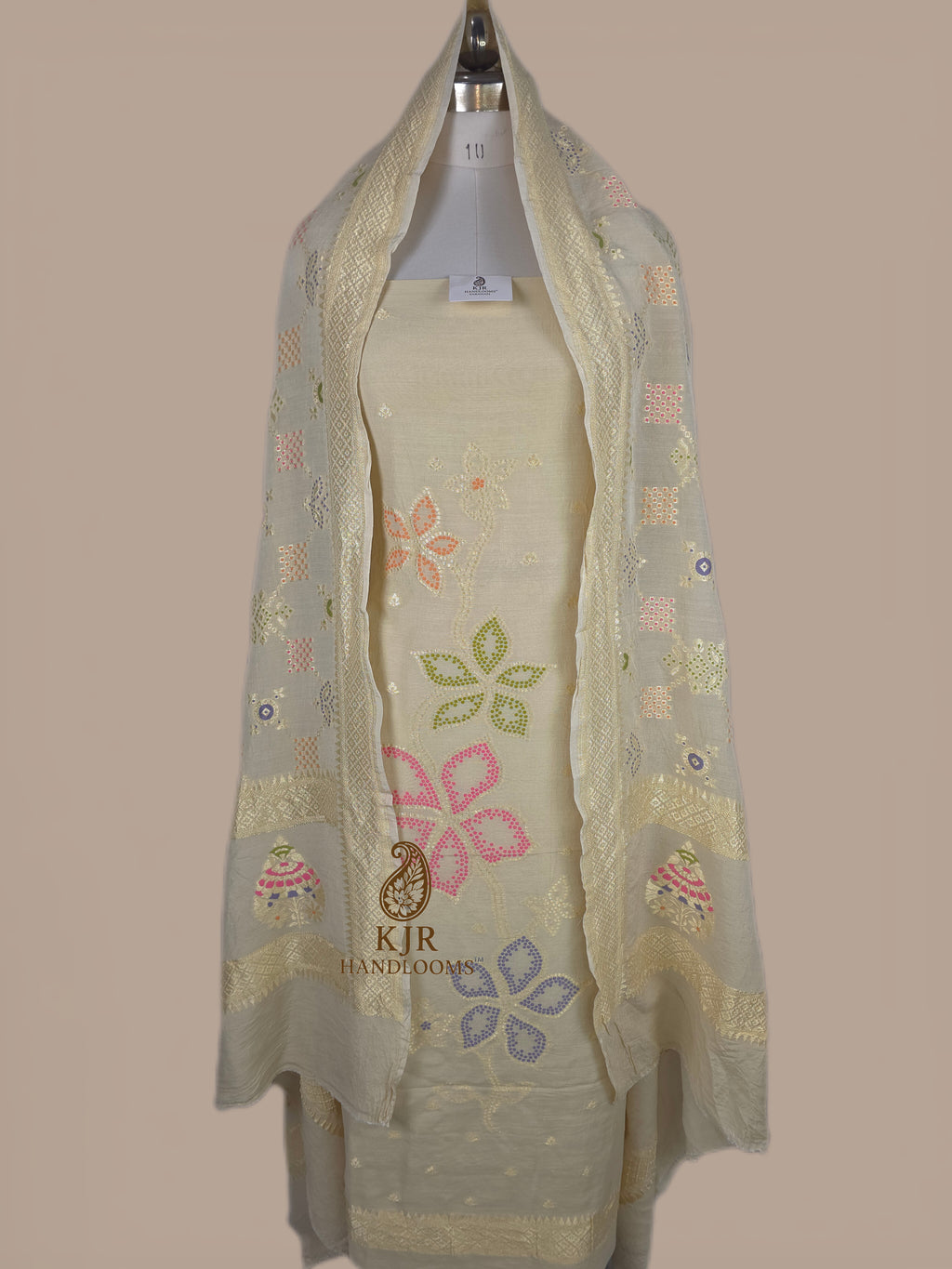 Pure Monga Silk Handloom Dress from Banaras | Multicolour Meenakari
