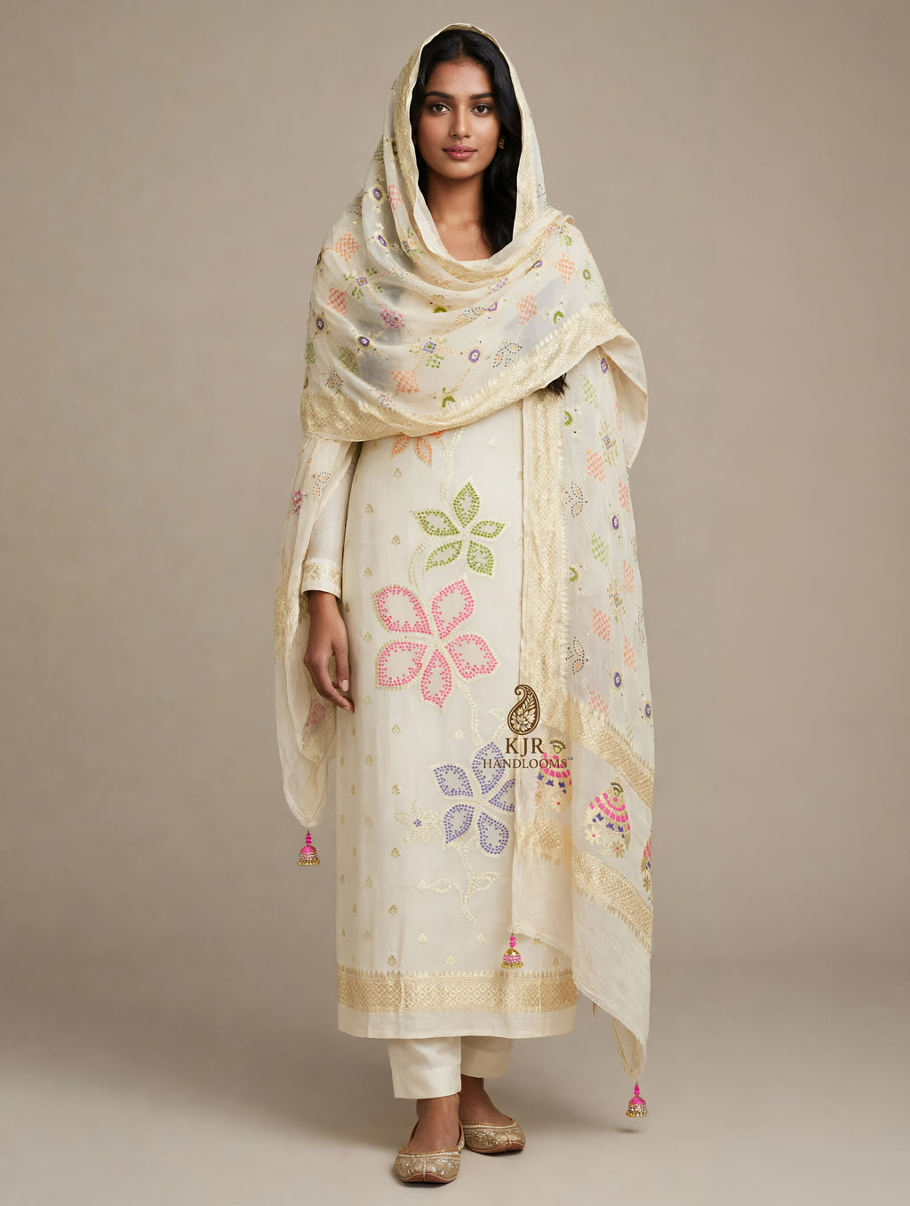 Pure Monga Silk Handloom Dress from Banaras | Multicolour Meenakari