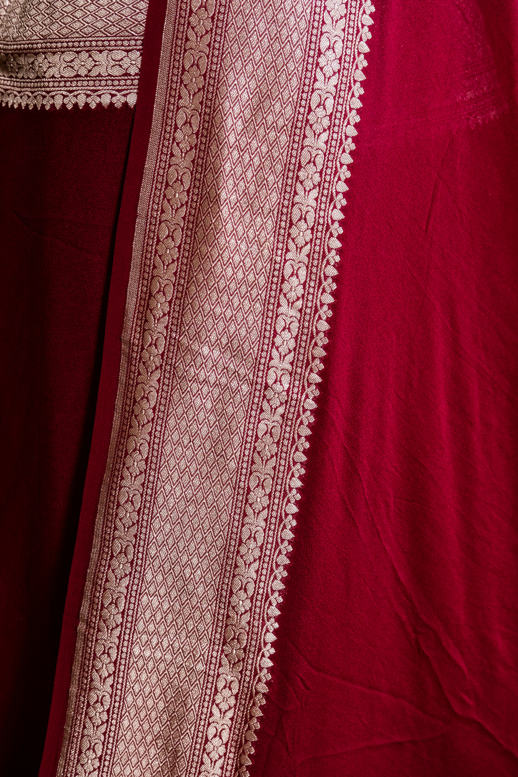 Wine Banarasi Handloom Pure Khaddi Georgette Saree | Pure Water Zari Border & Rich Pallu