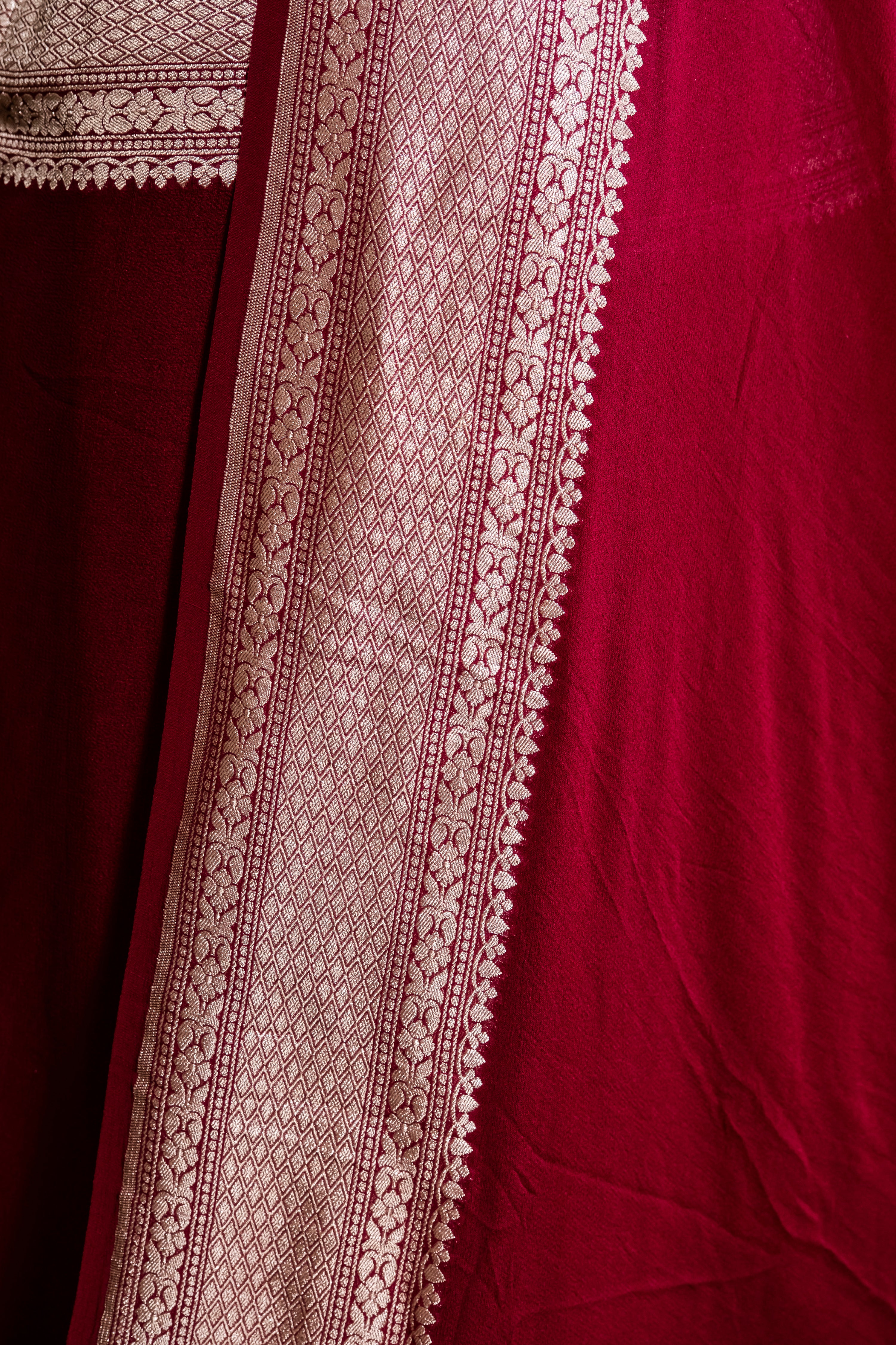 Wine Banarasi Handloom Pure Khaddi Georgette Saree | Pure Water Zari Border & Rich Pallu