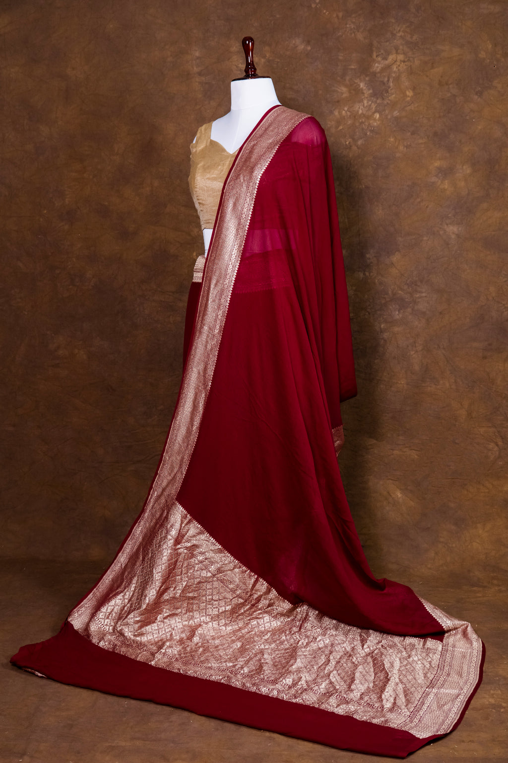Wine Banarasi Handloom Pure Khaddi Georgette Saree | Pure Water Zari Border & Rich Pallu