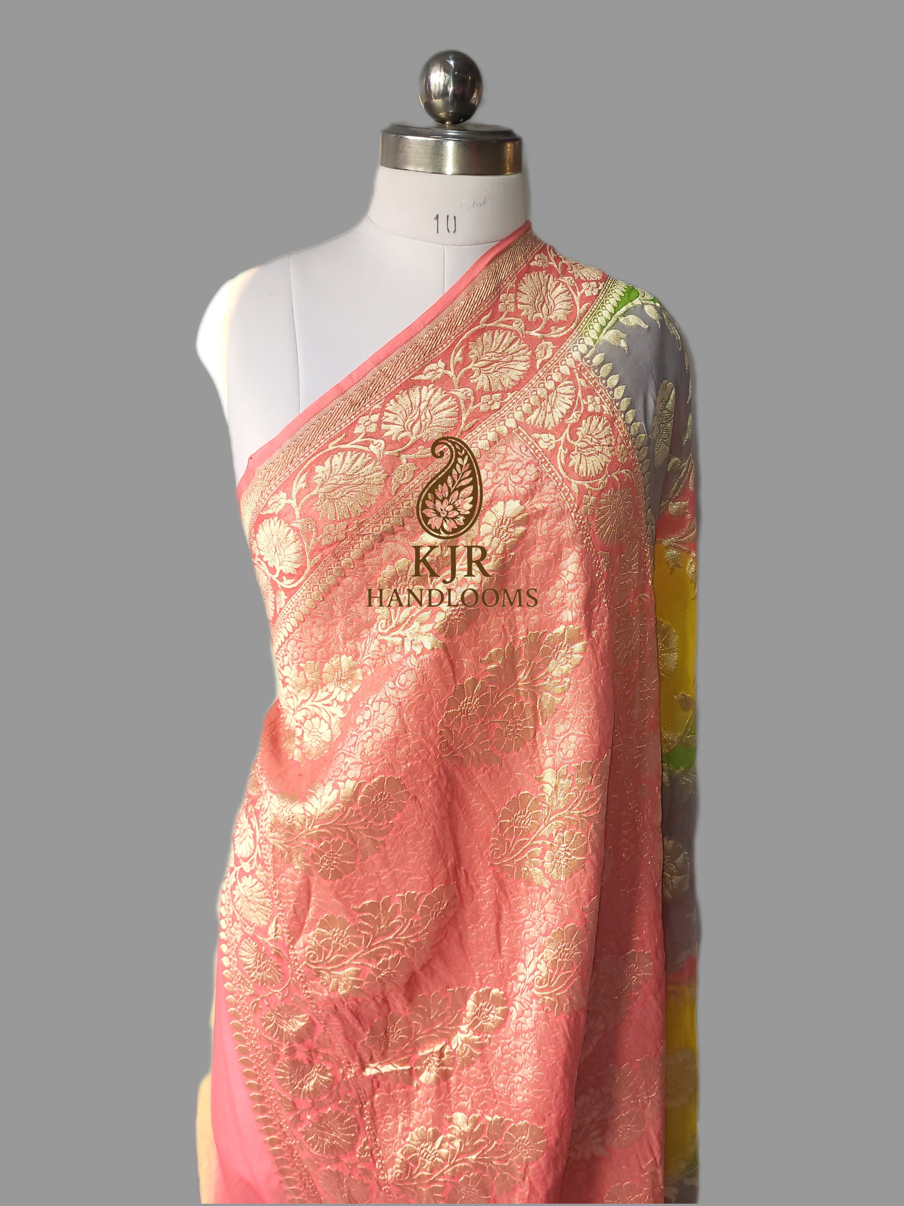 Rangkat Banarasi Handloom Pure Khaddi Georgette Saree | Pure Water Zari & Hand Brush Rangkat Dyed