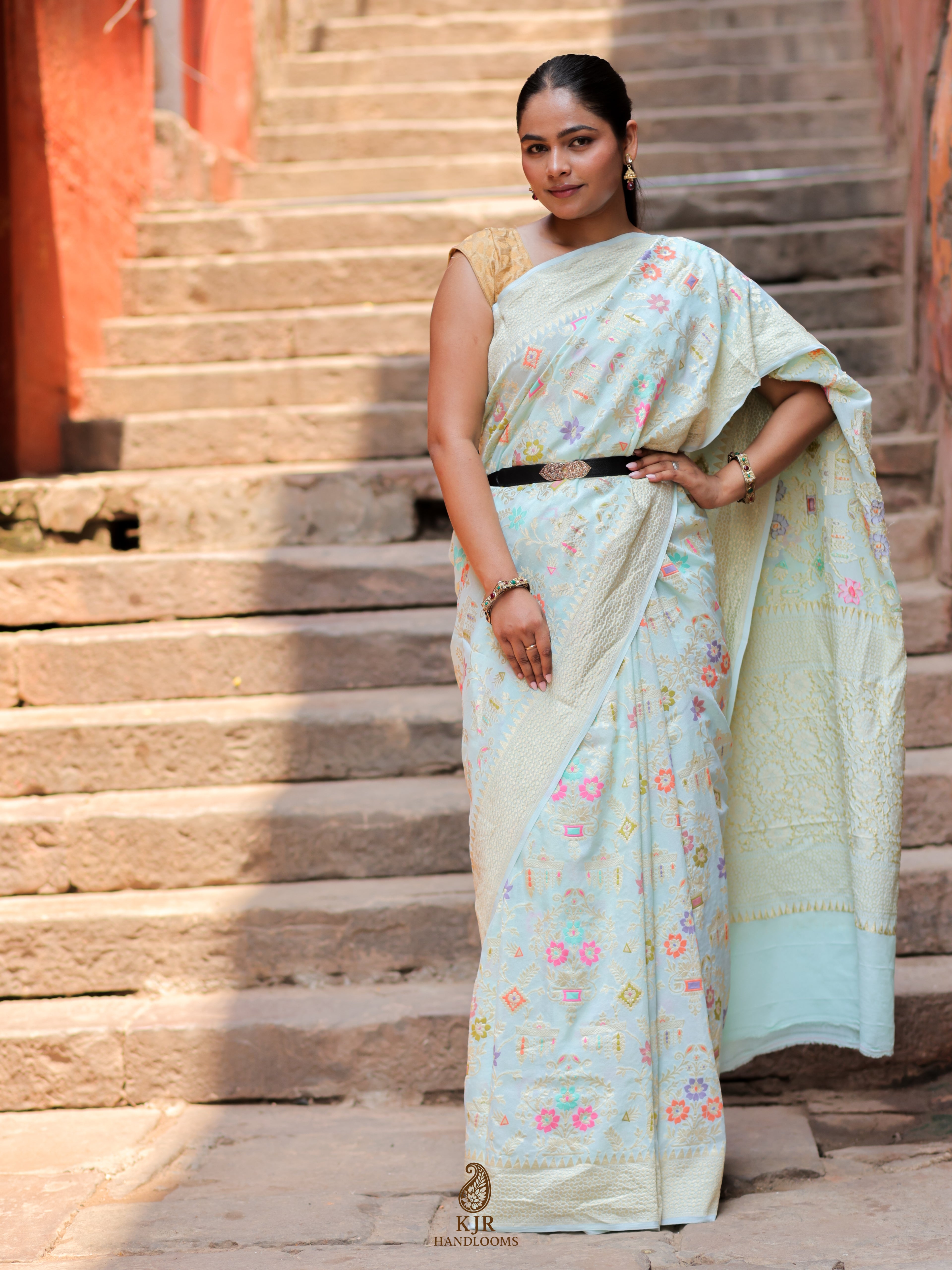 Banarasi Handloom Pure Khaddi Georgette Saree | Pure Sona Zari & Multi Colour Meenakari