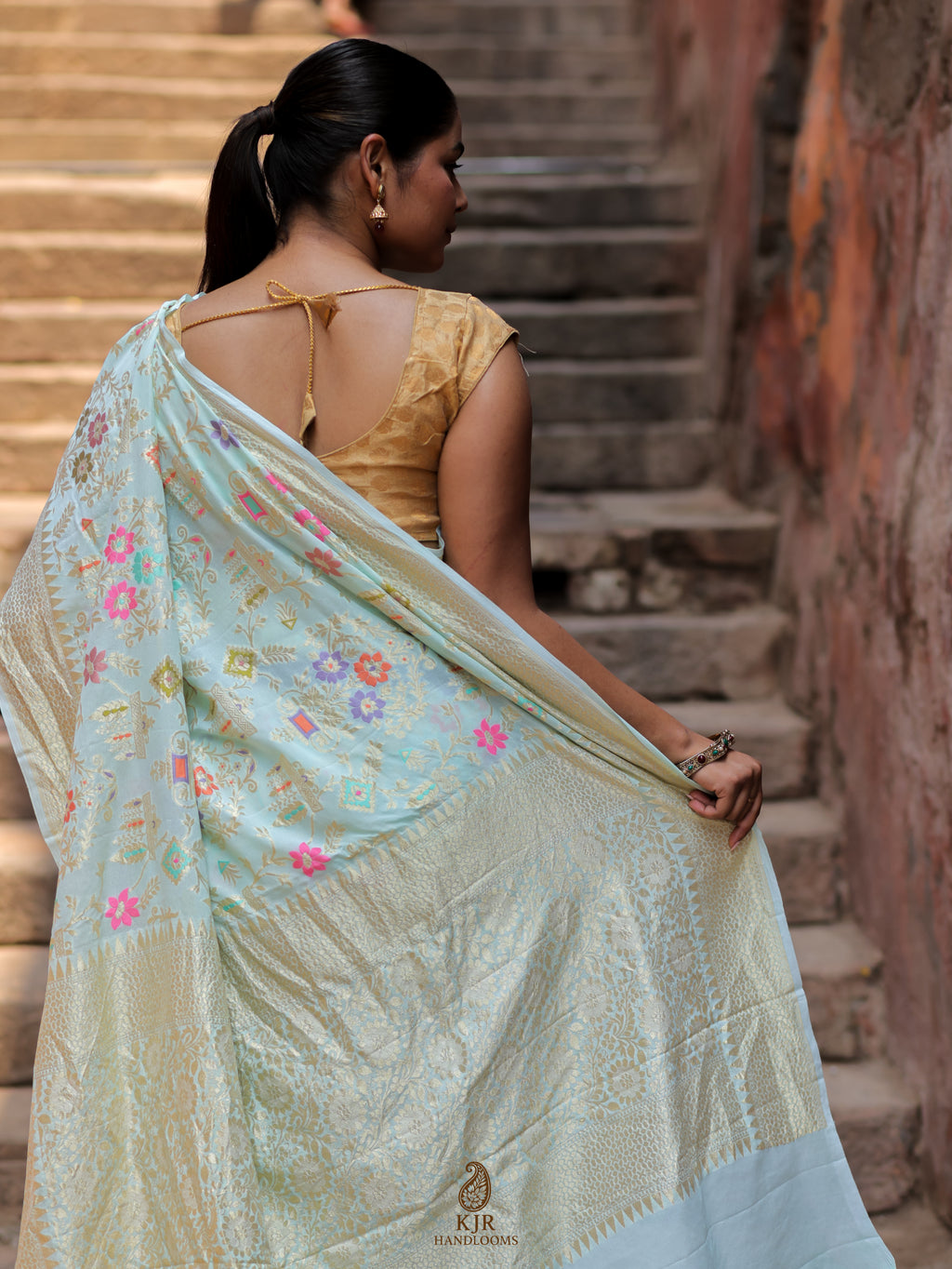 Banarasi Handloom Pure Khaddi Georgette Saree | Pure Sona Zari & Multi Colour Meenakari