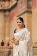 Banarasi Handloom Pure Tussar Georgette Silk Saree | Pure Rupa Zari & Multi Colour Meenakari