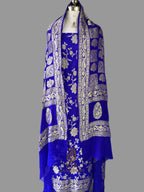 Royal Blue Banarasi Handloom Pure Khaddi Georgette Dress | Pure Water Zari