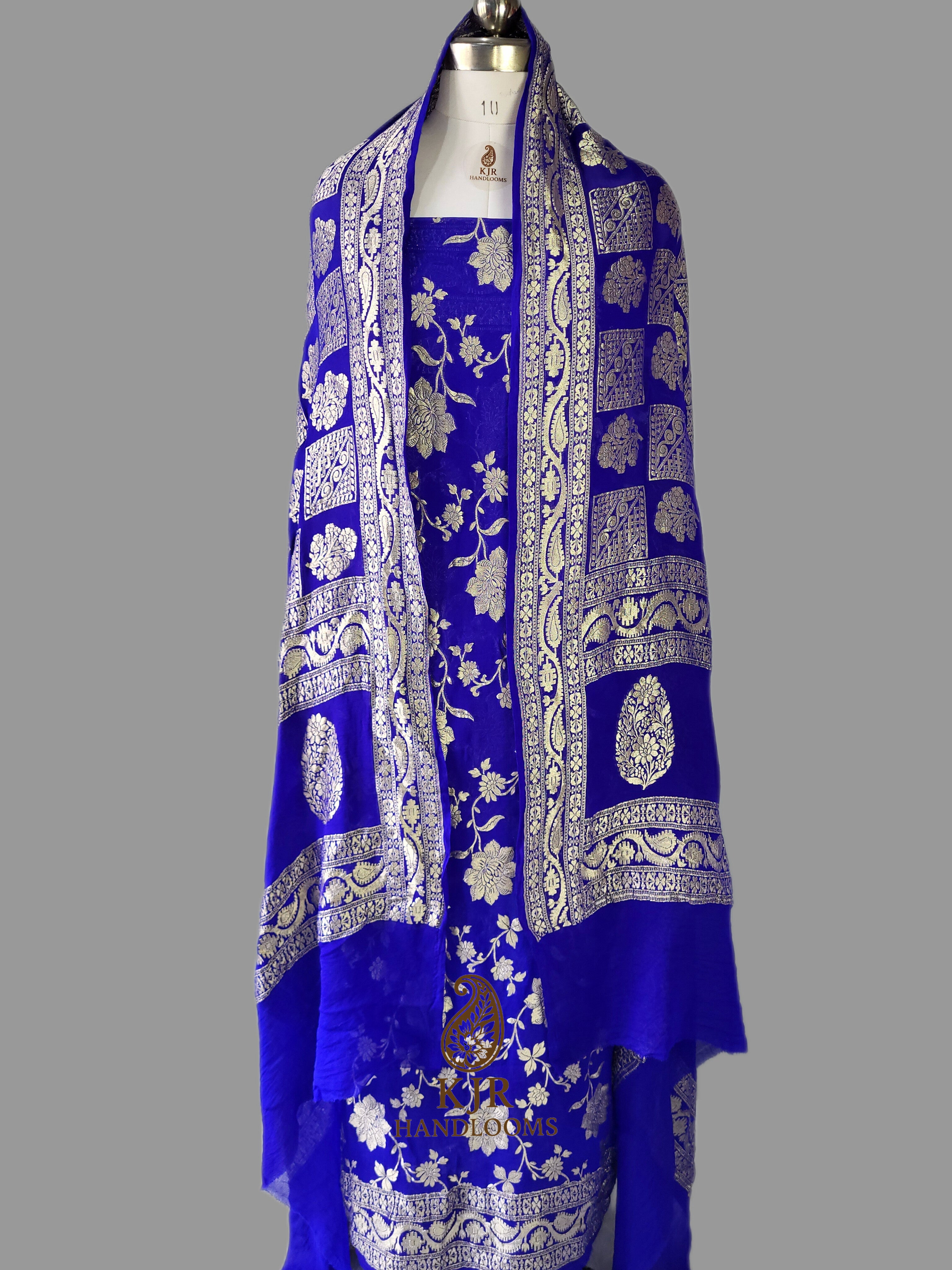 Royal Blue Banarasi Handloom Pure Khaddi Georgette Dress | Pure Water Zari