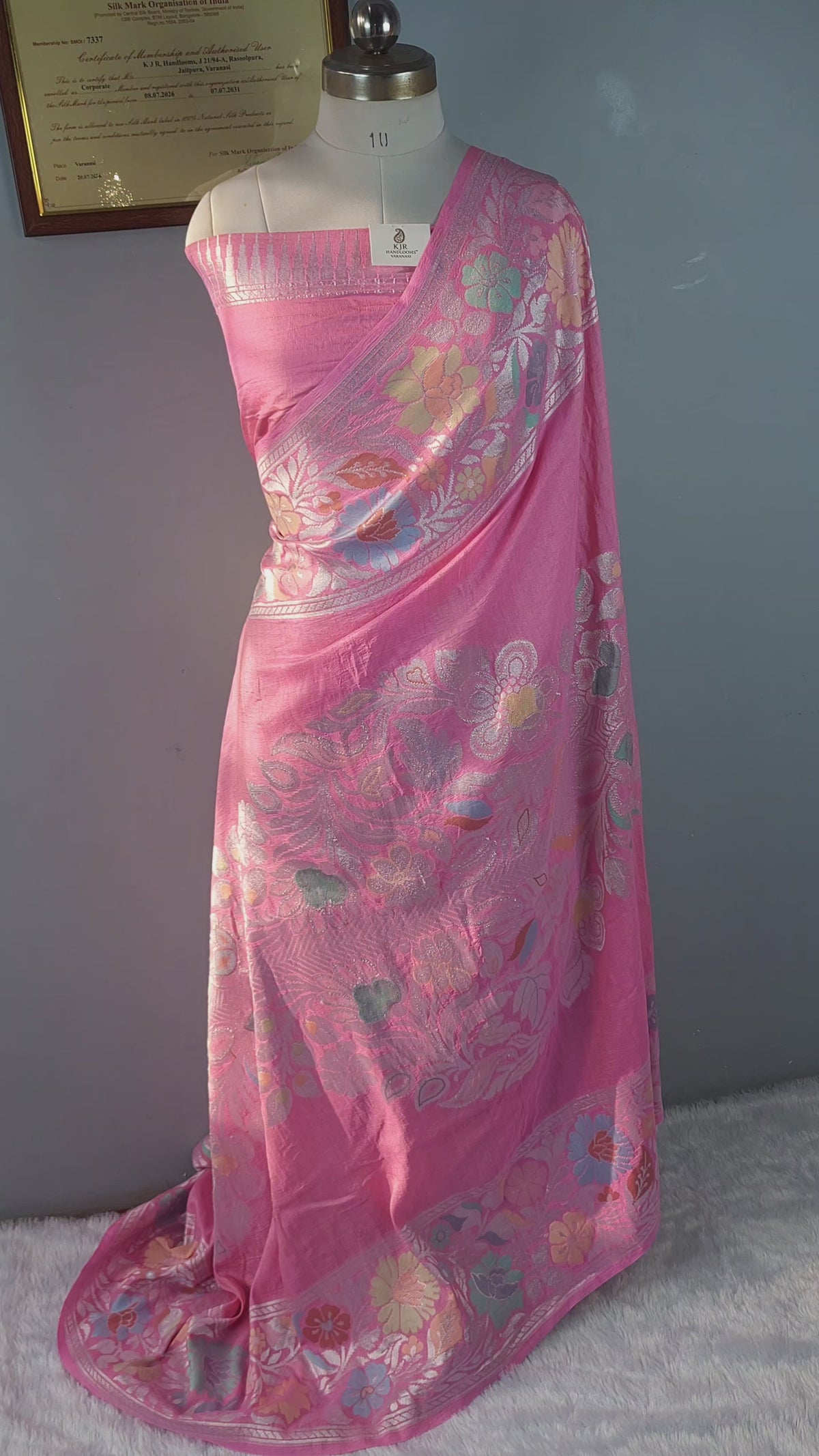 Pink Banarasi Handloom Pure Tussar Silk Saree | Pure Rupa Zari & Multi Colour Meena