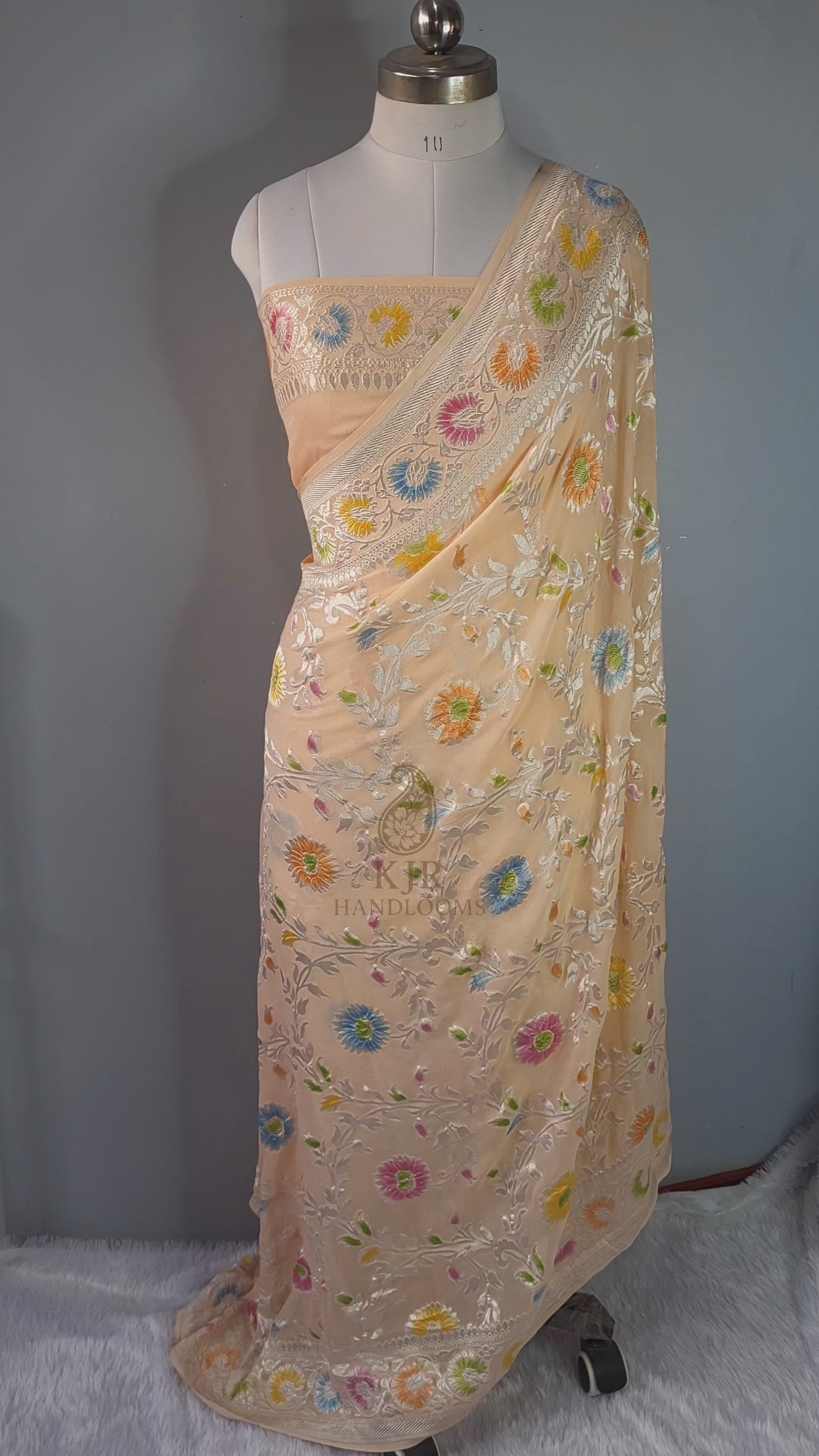 Banarasi Handloom Pure Khaddi Georgette Saree | Pure Silver Zari Jaal & Hand-Brush Meenakari