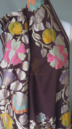 Brown Banarasi Handloom Pure Khaddi Georgette Saree | Pure Silver & Golden Zari with Multi Colour Meenakari