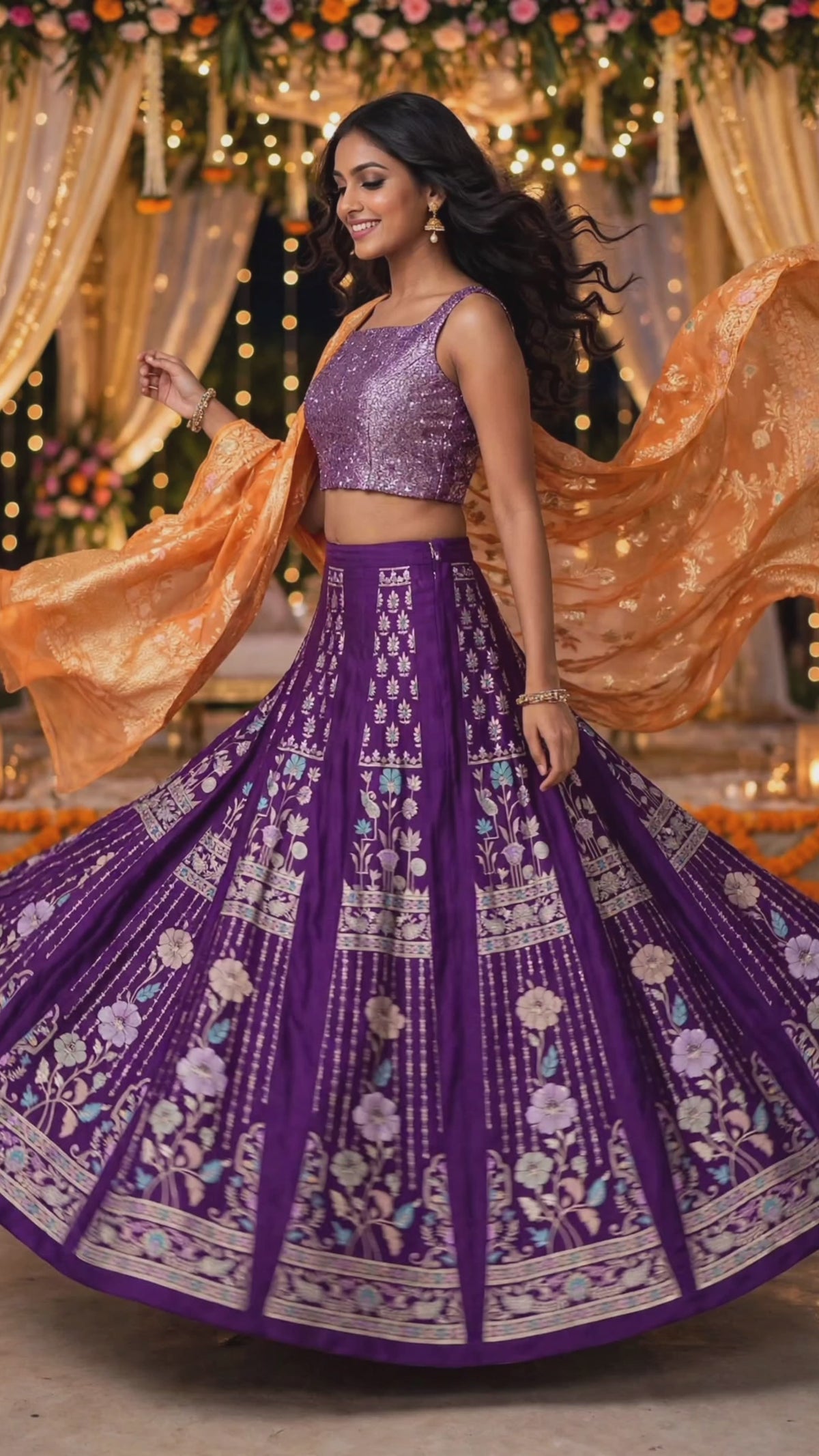 Banarasi Pure Monga Silk Lehenga Set | Golden Zari & Multicolour Meenakari