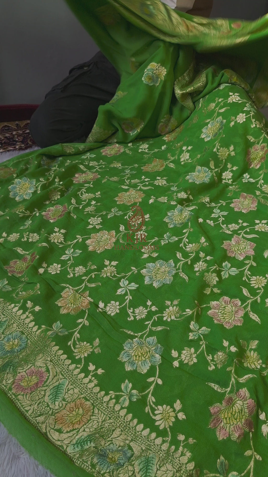 Green Banarasi Handloom Pure Khaddi Georgette Dress | Pure Water Zari & Hand-Brush Meenakari