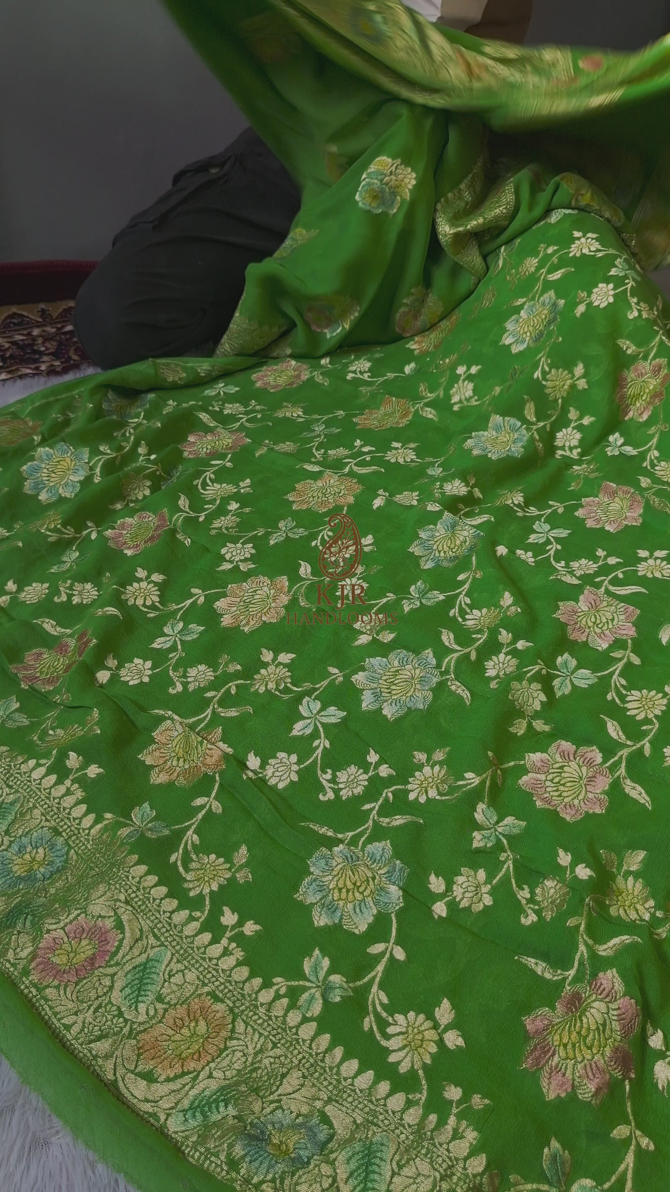 Green Banarasi Handloom Pure Khaddi Georgette Dress | Pure Water Zari & Hand-Brush Meenakari