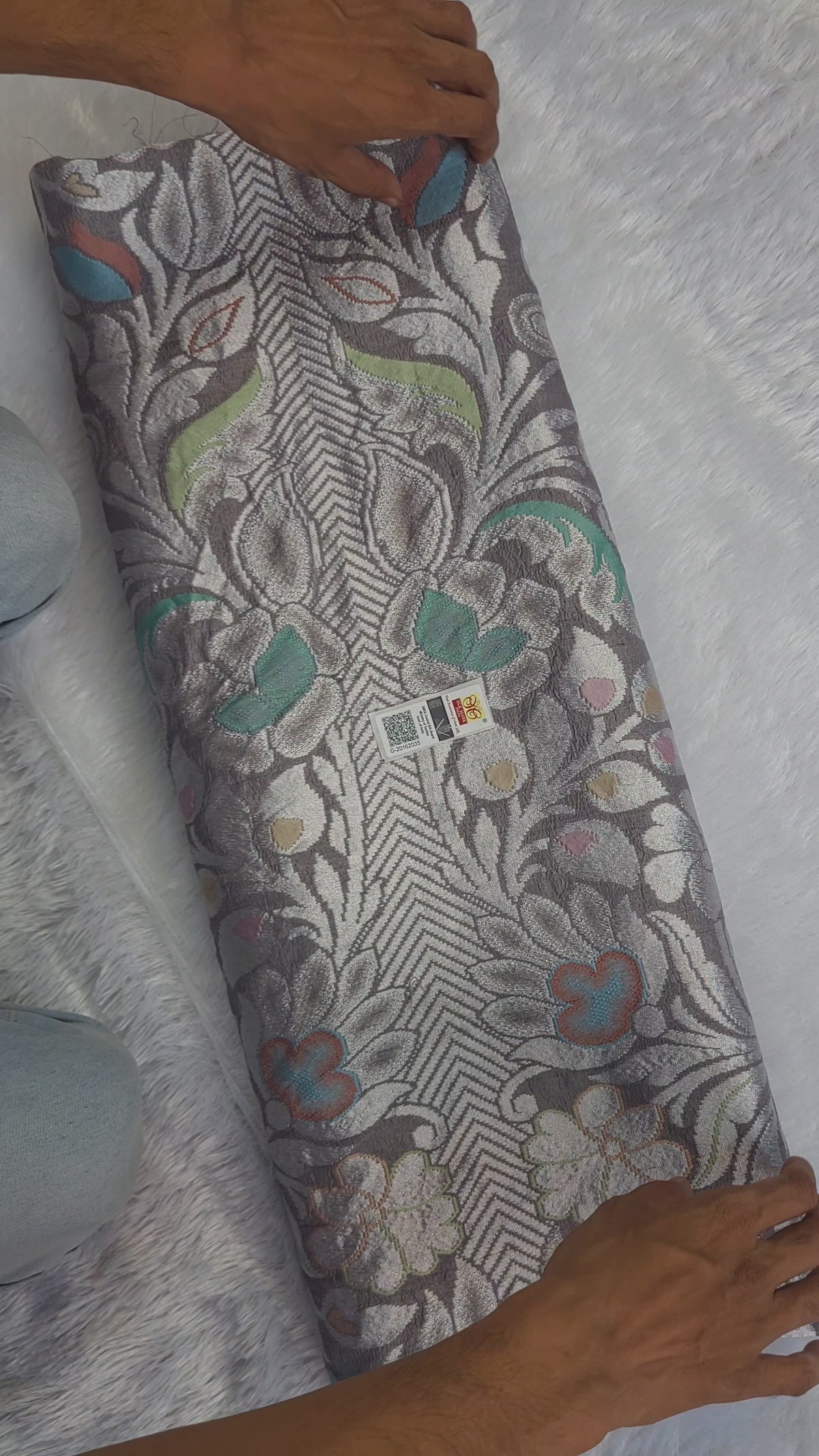Grey Banarasi Handloom Pure Tussar Silk Saree | Pure Rupa Zari & Multi Colour Meena Work