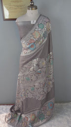Grey Banarasi Handloom Pure Tussar Silk Saree | Pure Rupa Zari & Multi Colour Meena Work