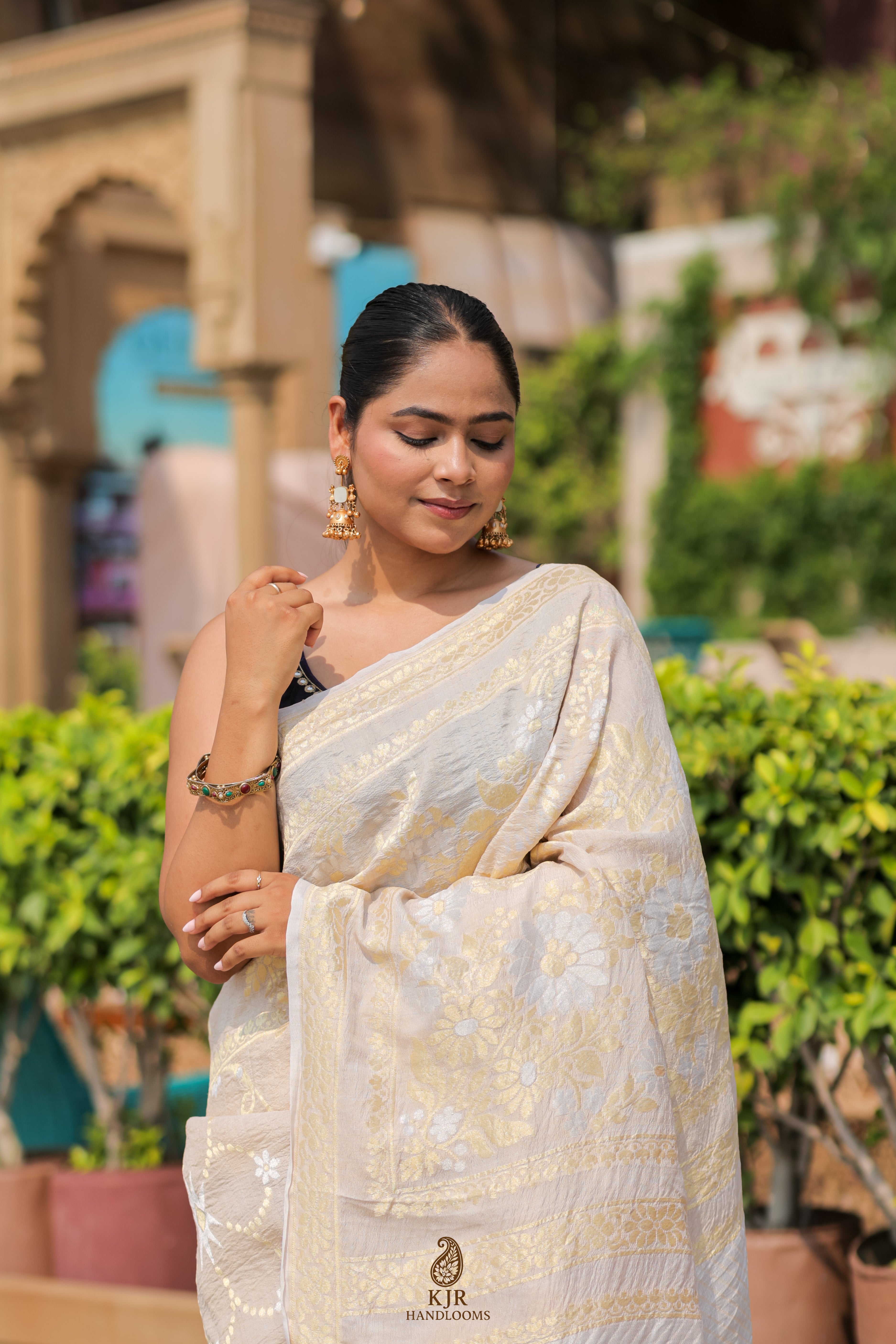 Pure Tussar Georgette Silk Banarasi Saree | Handwoven in Banaras