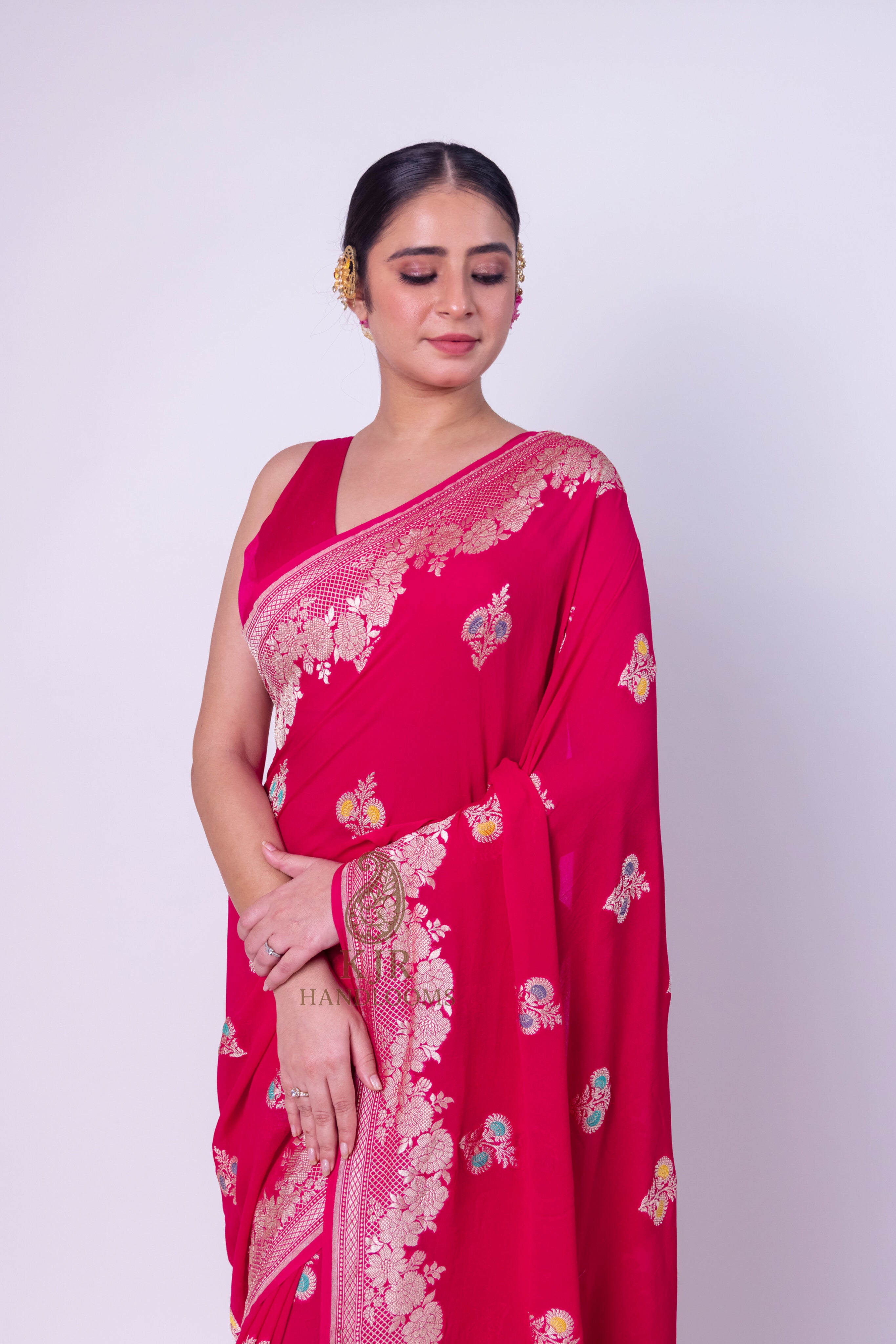 Banarasi Handloom Pure Khaddi Georgette Saree | Pure Water Zari & Alfi Meenakari