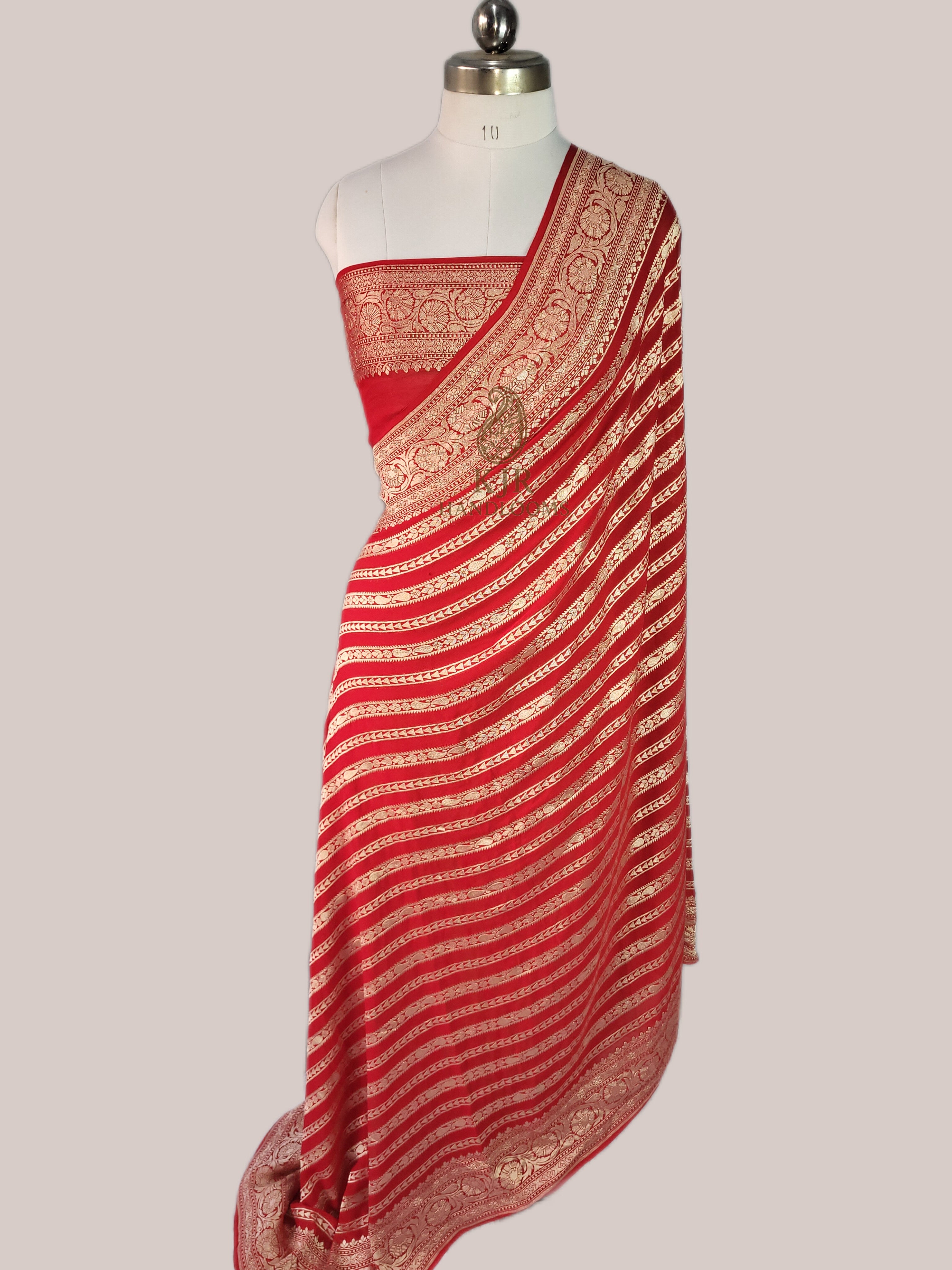 Pure Khaddi Georgette Banarasi Saree | Pure Water Zari Stripe Weaving