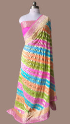 Pure Khaddi Georgette Banarasi Saree | Water Zari Stripe & Hand-Brush Rangkat