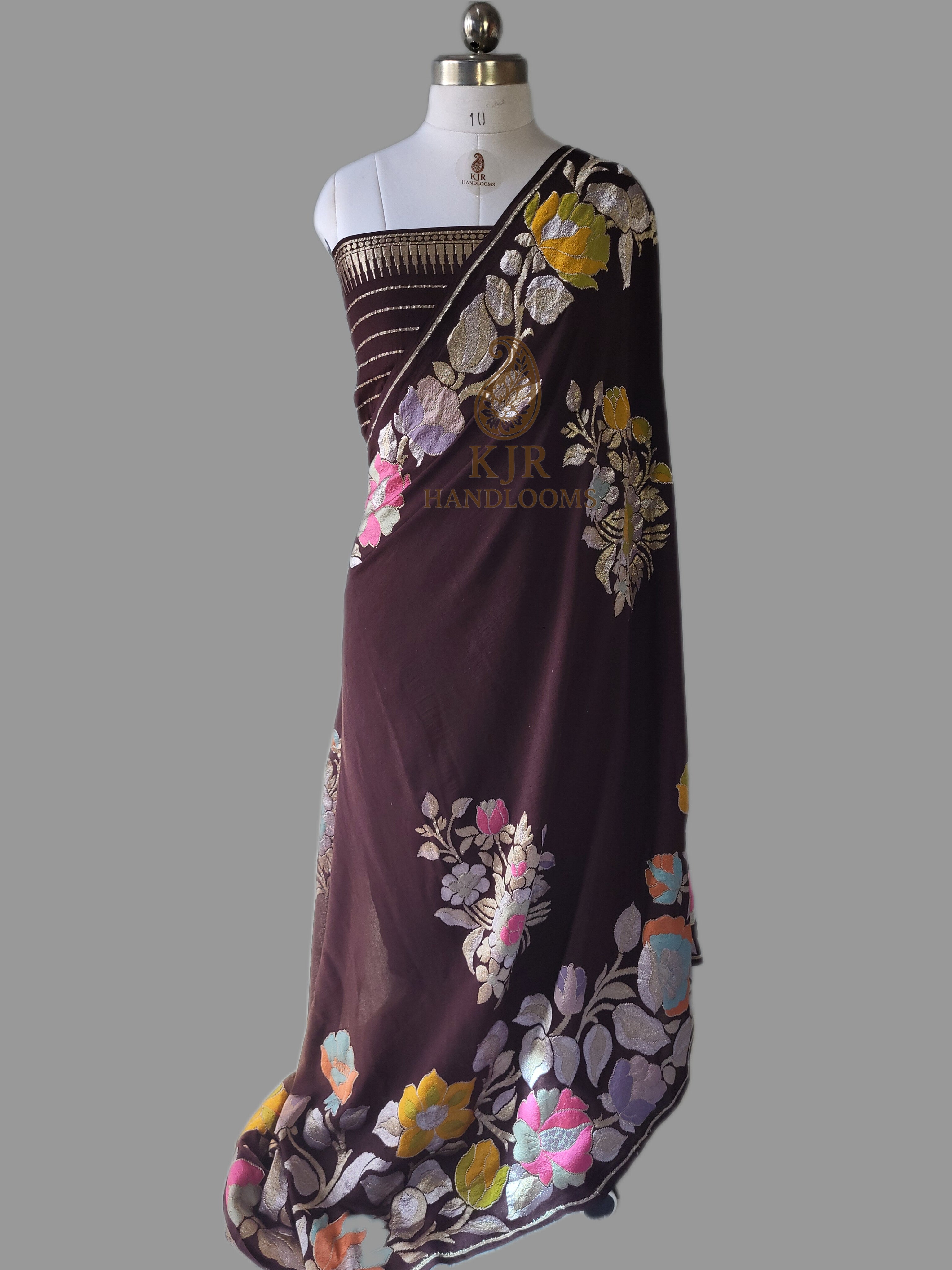 Brown Banarasi Handloom Pure Khaddi Georgette Saree | Pure Silver & Golden Zari with Multi Colour Meenakari