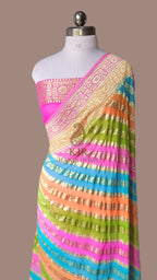 Pure Khaddi Georgette Banarasi Saree | Water Zari Stripe & Hand-Brush Rangkat