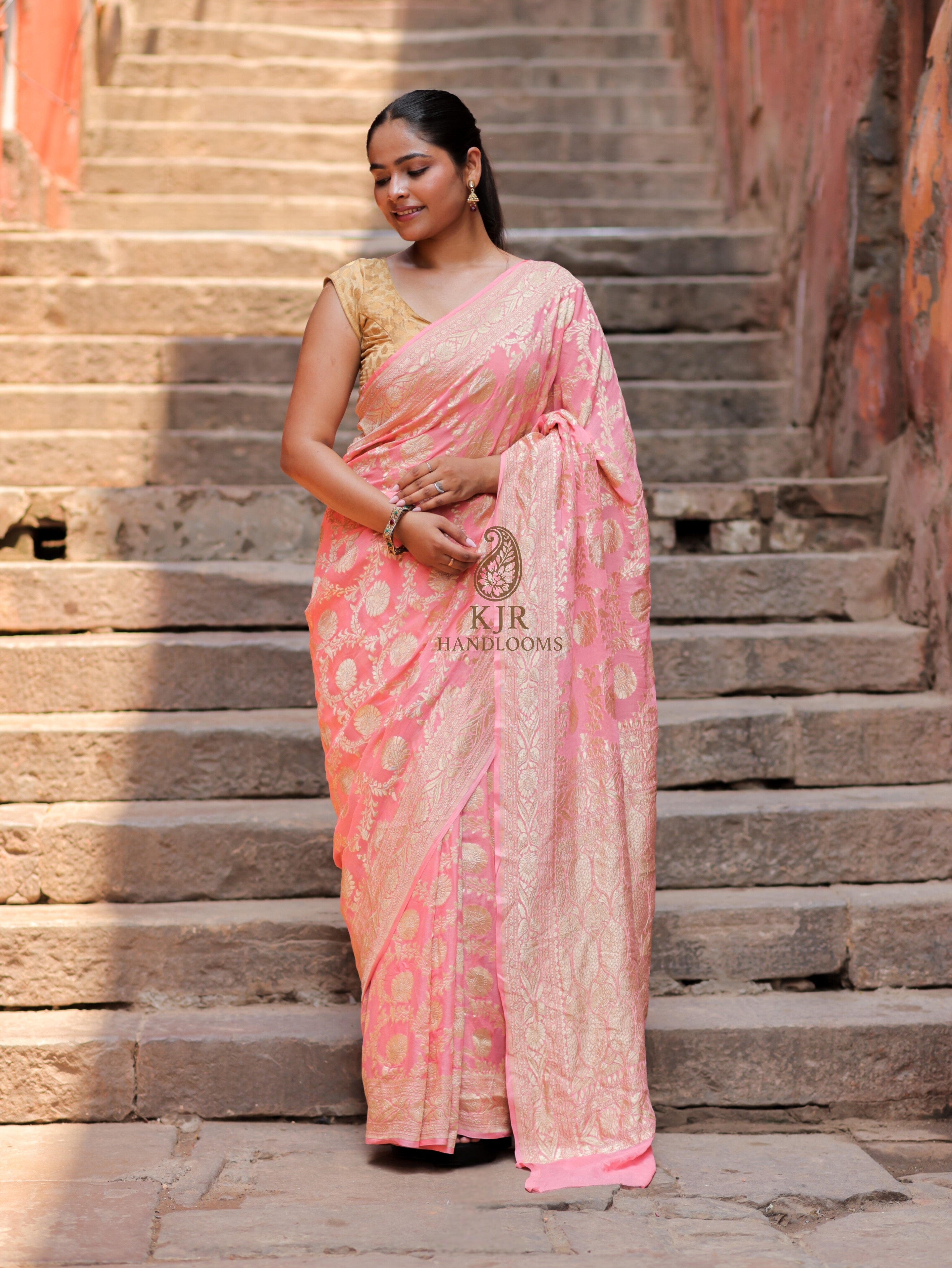 Banarasi Handloom Pure Khaddi Georgette Saree | All-Over Pure Water Zari Jaal