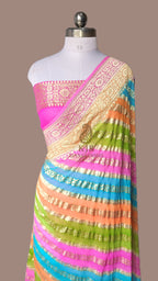 Pure Khaddi Georgette Banarasi Saree | Water Zari Stripe & Hand-Brush Rangkat