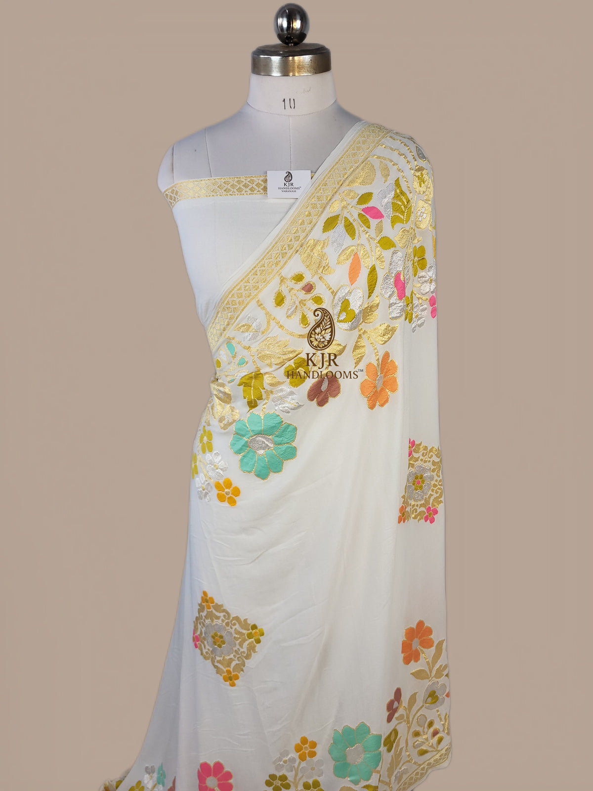 Banarasi Handloom Khaddi Georgette Saree | Golden Silver Zari & Meena