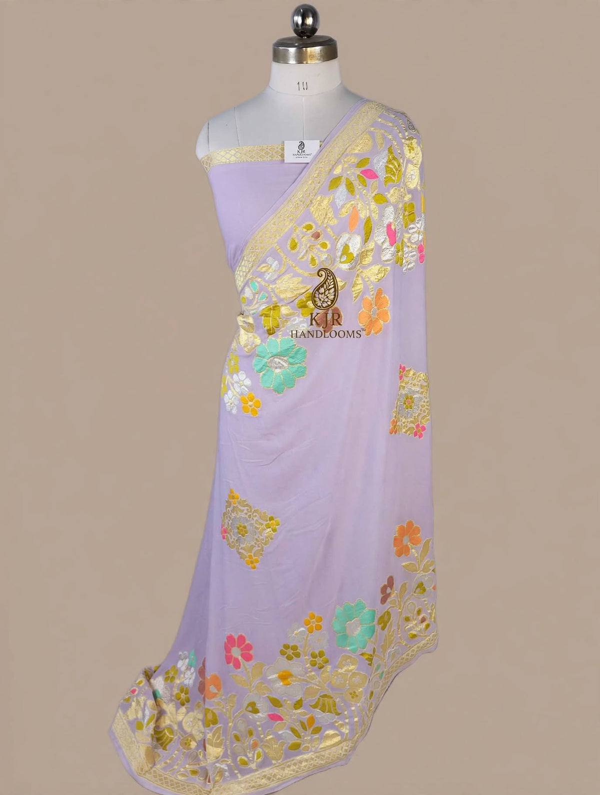 Pure Khaddi Georgette Banarasi Saree | Pure Silver & Golden Zari with Meenakari