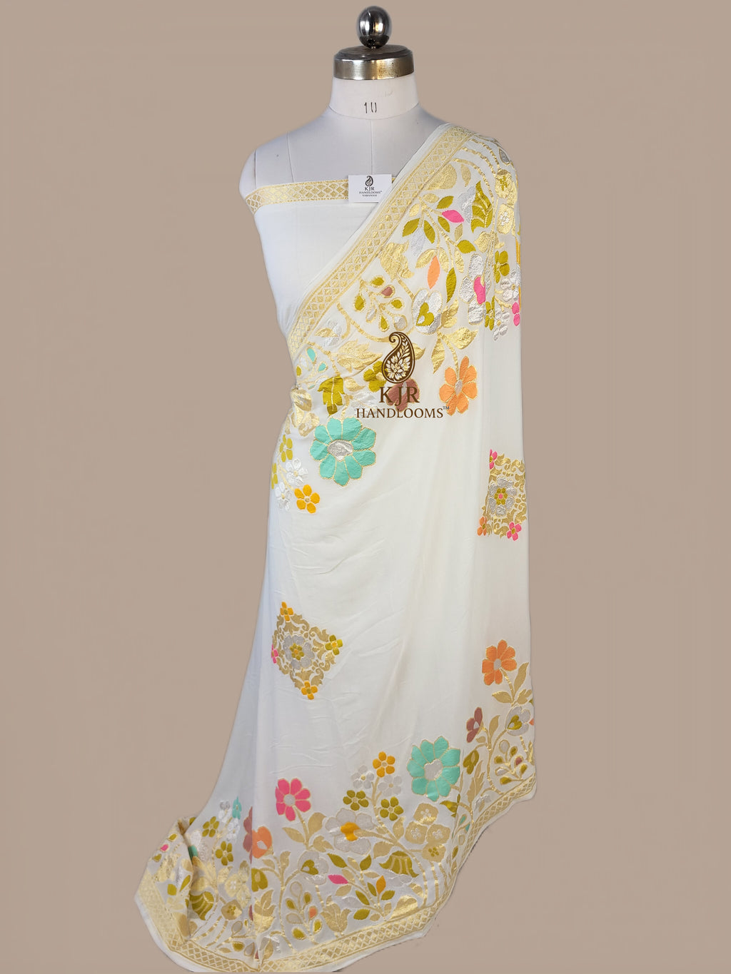 Banarasi Handloom Khaddi Georgette Saree | Golden Silver Zari & Meena