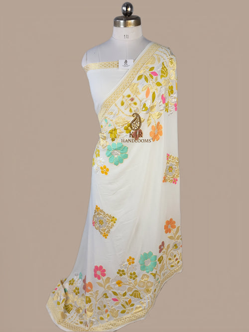 Banarasi Handloom Khaddi Georgette Saree | Golden Silver Zari & Meena