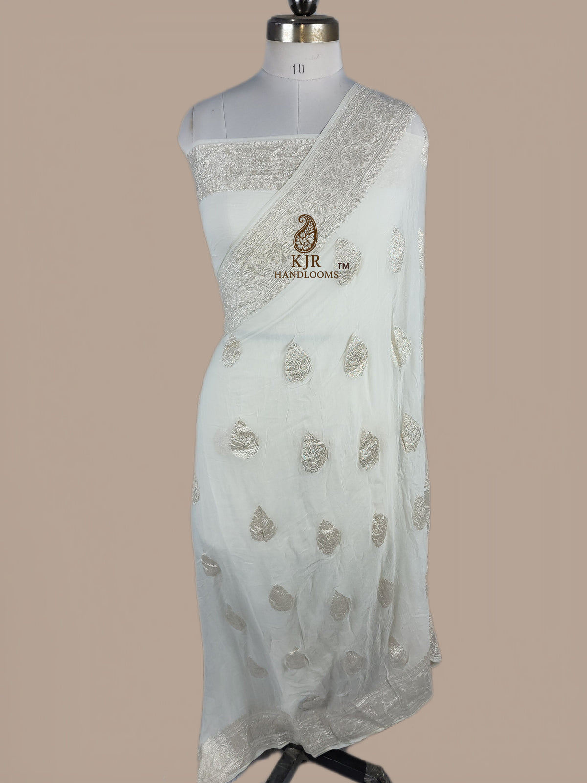 Banarasi Handloom Pure Khaddi Chiffon Georgette Saree | Silver Zari Kadwa Interlock Boota