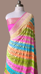Pure Khaddi Georgette Banarasi Saree | Water Zari Stripe & Hand-Brush Rangkat