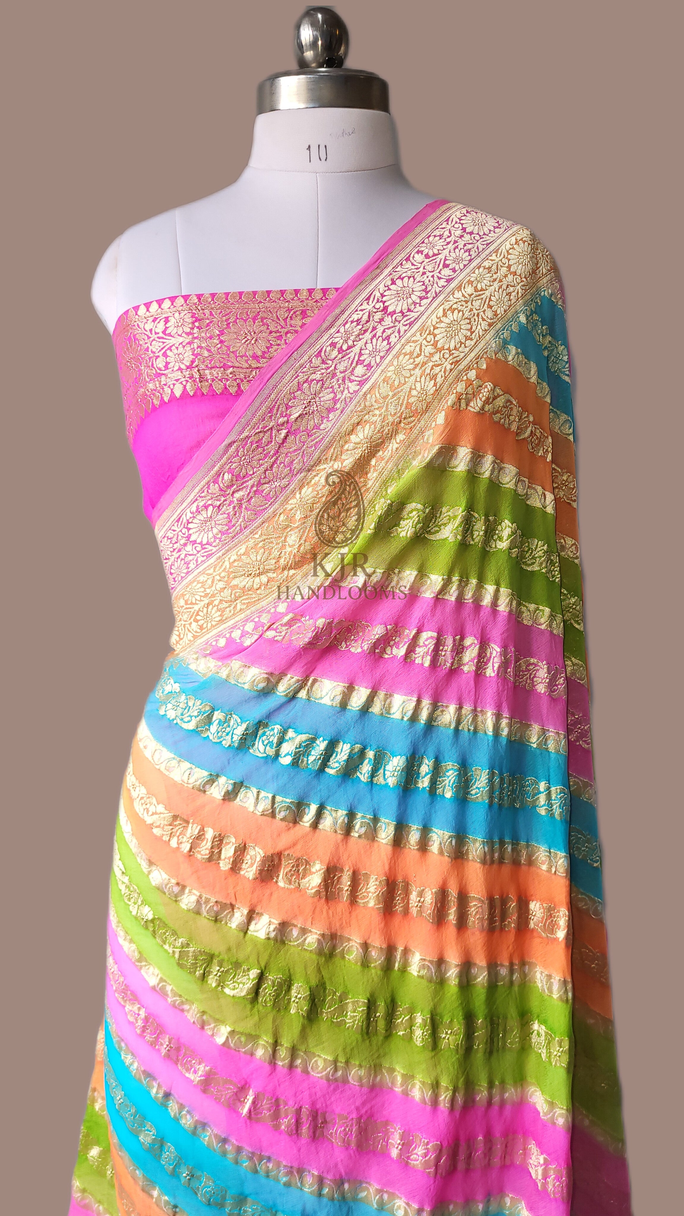 Pure Khaddi Georgette Banarasi Saree | Water Zari Stripe & Hand-Brush Rangkat