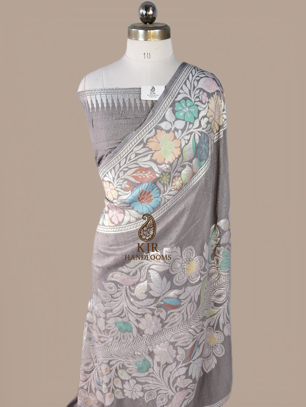 Grey Banarasi Handloom Pure Tussar Silk Saree | Pure Rupa Zari & Multi Colour Meena Work