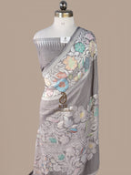 Grey Banarasi Handloom Pure Tussar Silk Saree | Pure Rupa Zari & Multi Colour Meena Work