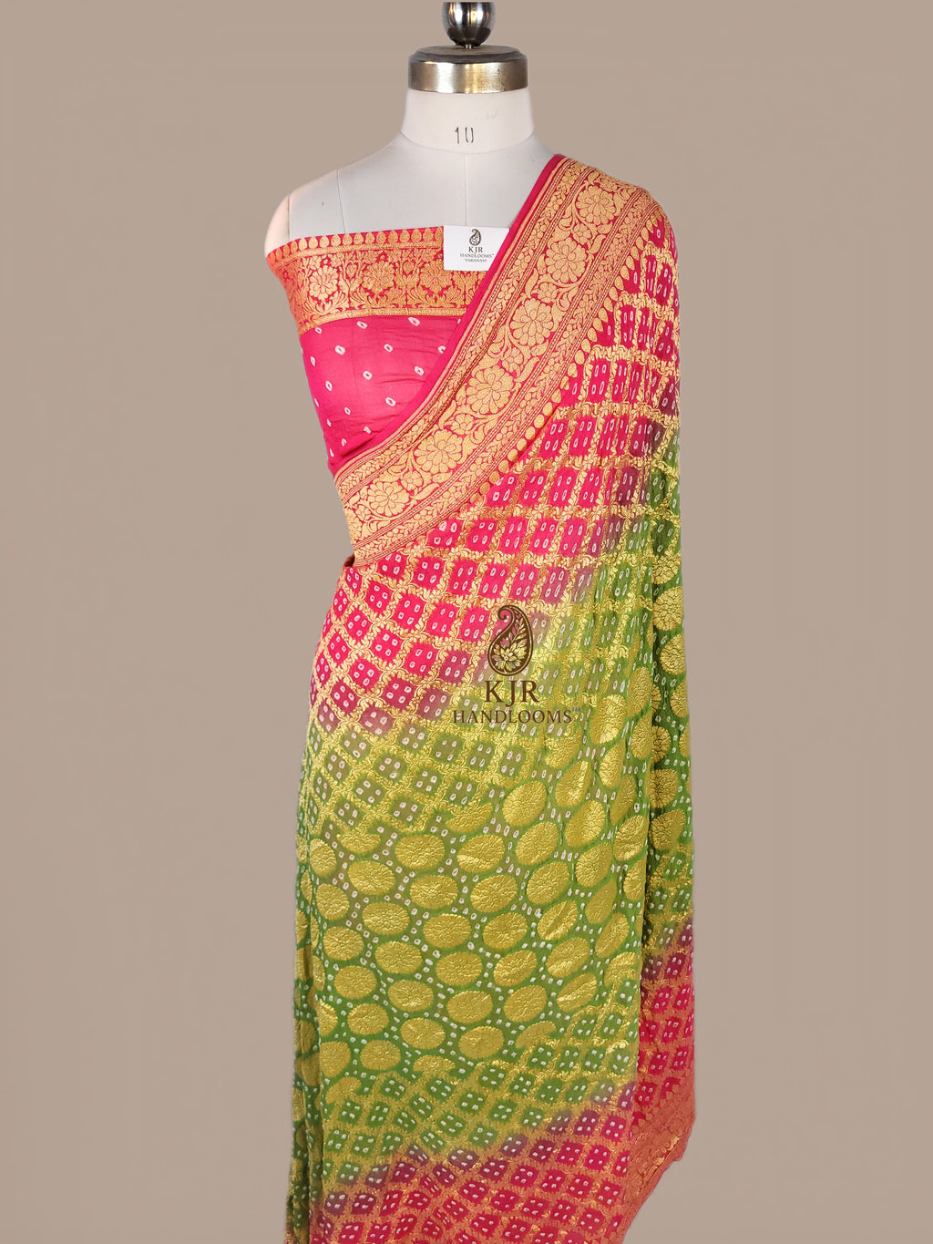 Banarasi Pure Khaddi Georgette Bandhini Saree | Golden Zari