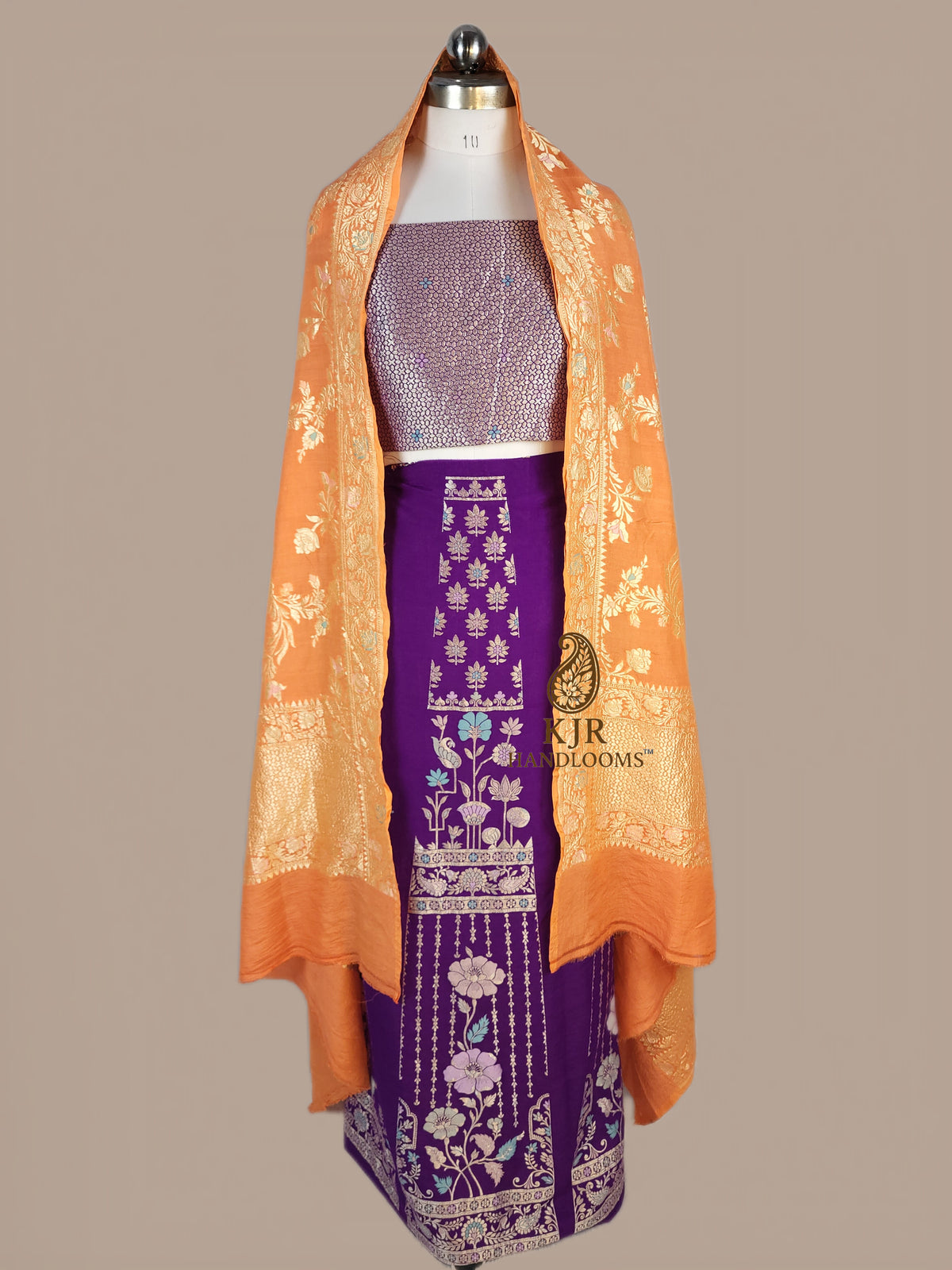 Banarasi Pure Monga Silk Lehenga Set | Golden Zari & Multicolour Meenakari