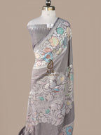 Grey Banarasi Handloom Pure Tussar Silk Saree | Pure Rupa Zari & Multi Colour Meena Work