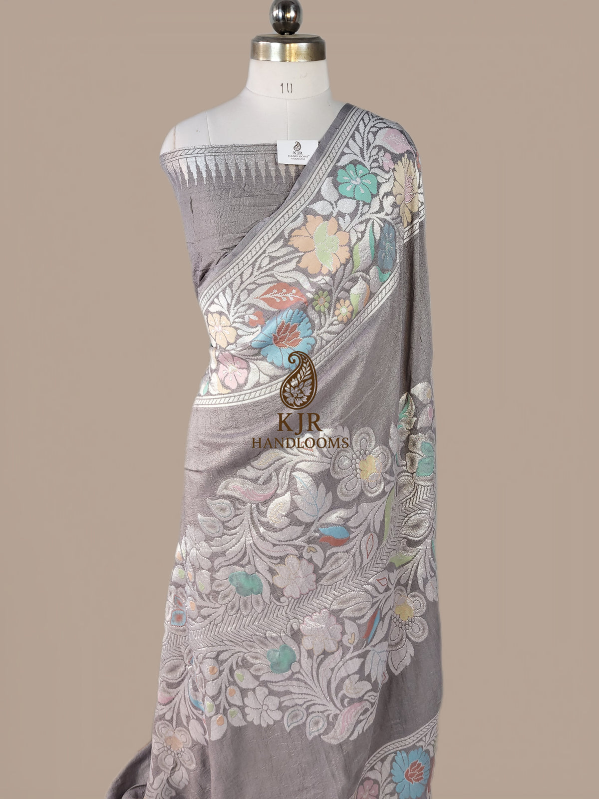 Grey Banarasi Handloom Pure Tussar Silk Saree | Pure Rupa Zari & Multi Colour Meena Work
