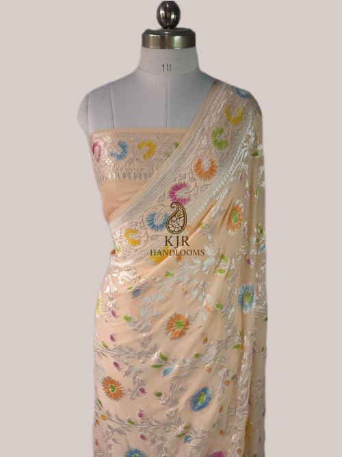 Banarasi Handloom Pure Khaddi Georgette Saree | Pure Silver Zari Jaal & Hand-Brush Meenakari