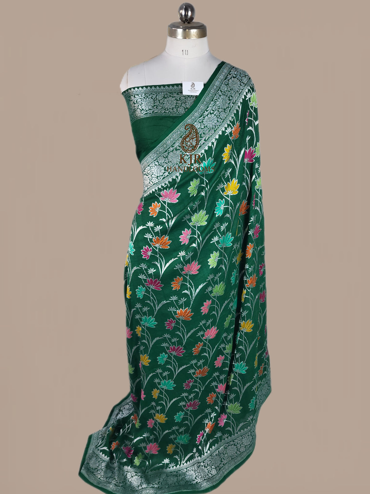 Green Banarasi Handloom Pure Tussar Georgette Silk Saree | Pure Rupa Zari & Multi Colour Meena Work
