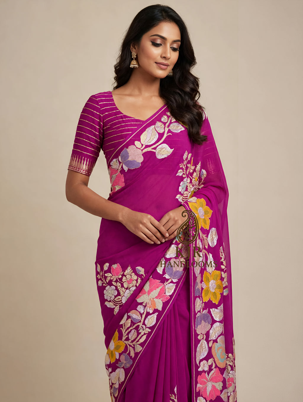 Magenta Banarasi Pure Khaddi Georgette Saree | Sona Rupa Zari & Multicolour Meenakari