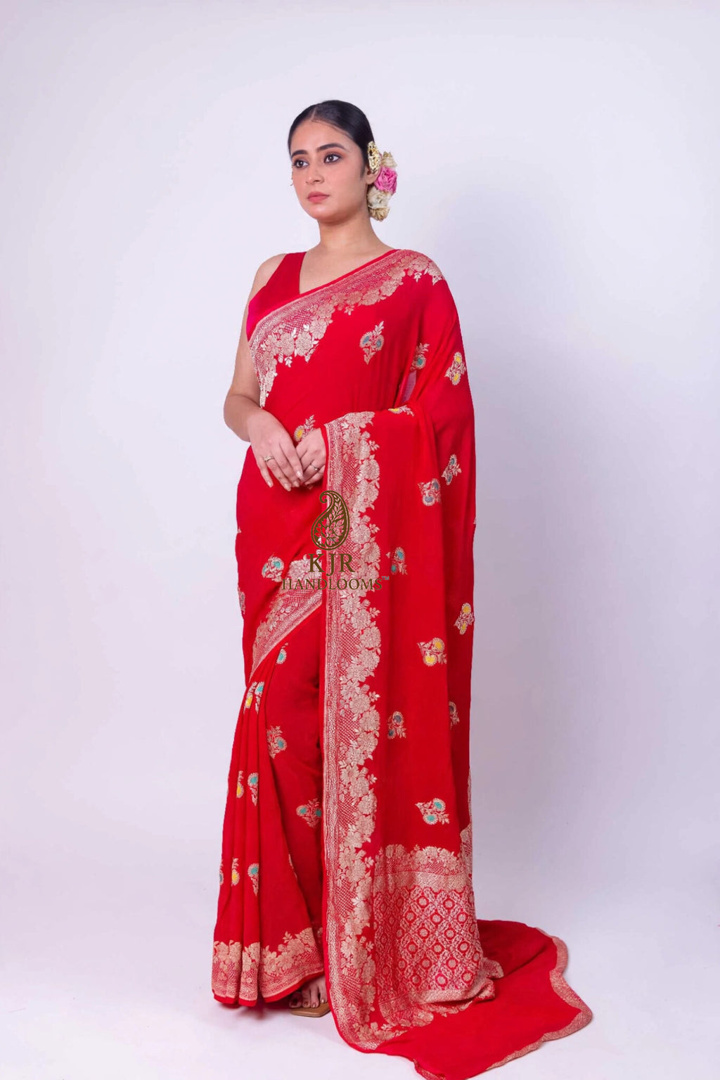 Banarasi Handloom Pure Khaddi Georgette Saree | Pure Water Zari & Alfi Meenakari