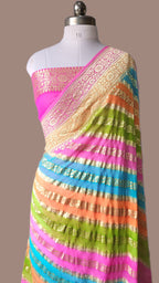 Pure Khaddi Georgette Banarasi Saree | Water Zari Stripe & Hand-Brush Rangkat