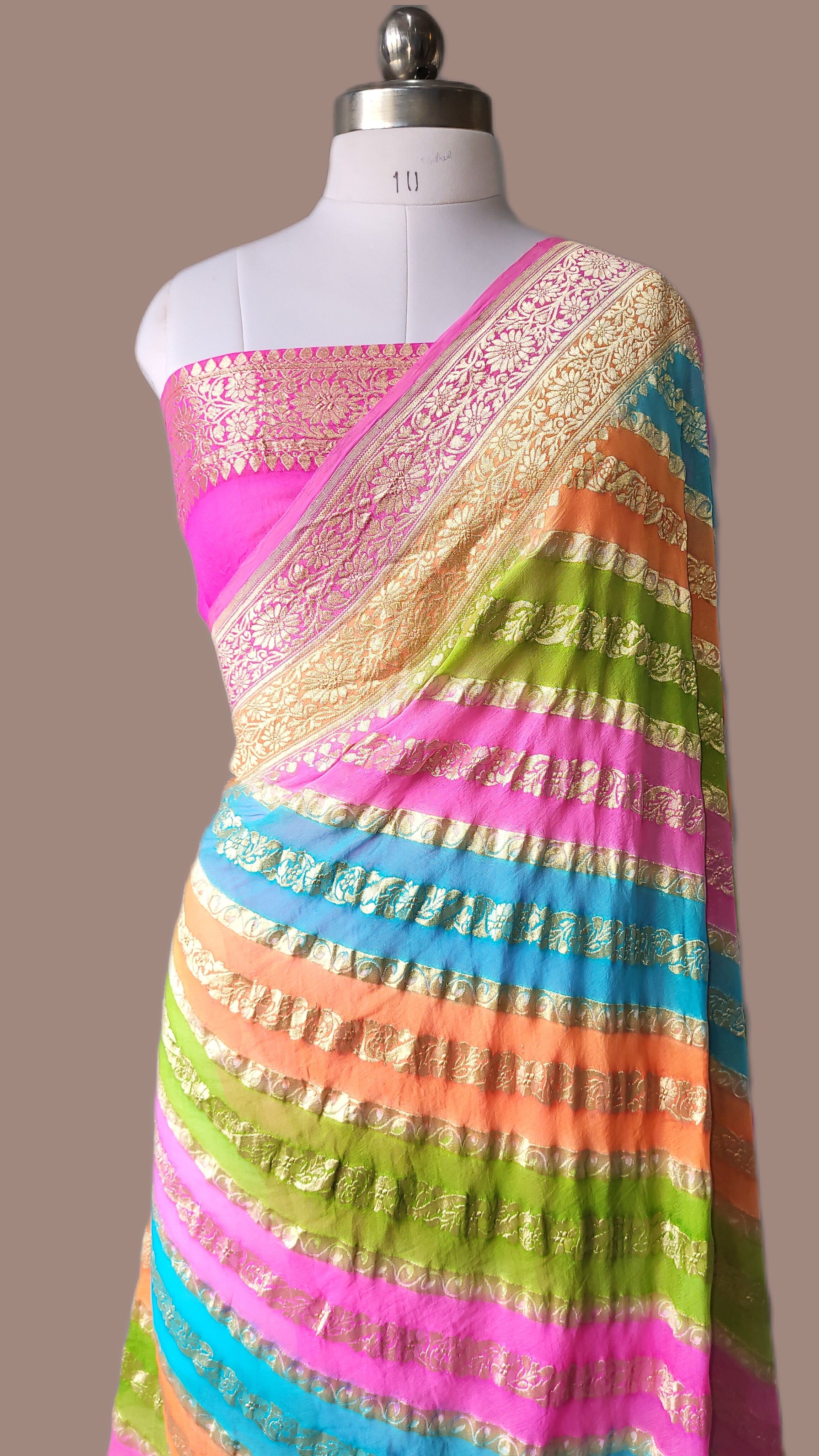 Pure Khaddi Georgette Banarasi Saree | Water Zari Stripe & Hand-Brush Rangkat