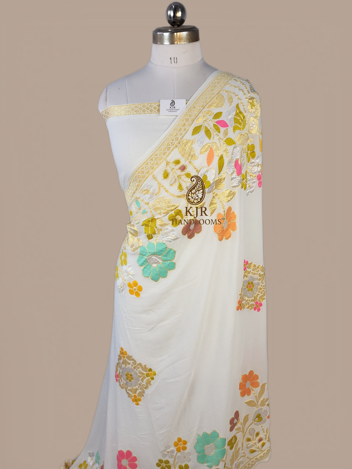 Banarasi Handloom Khaddi Georgette Saree | Golden Silver Zari & Meena