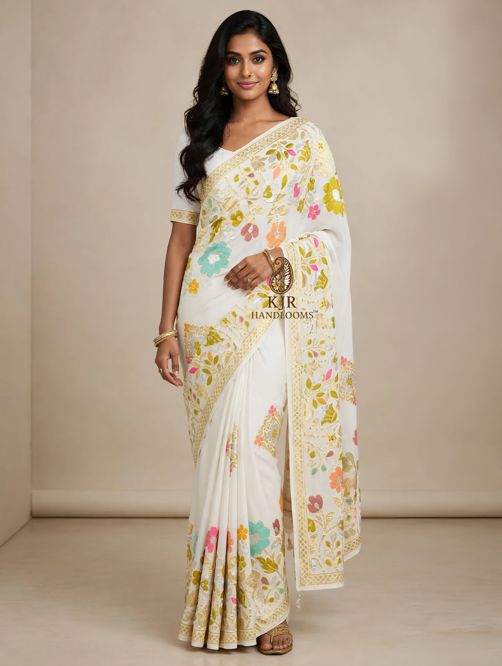 Banarasi Handloom Khaddi Georgette Saree | Golden Silver Zari & Meena
