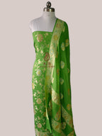 Green Banarasi Handloom Pure Khaddi Georgette Dress | Pure Water Zari & Hand-Brush Meenakari