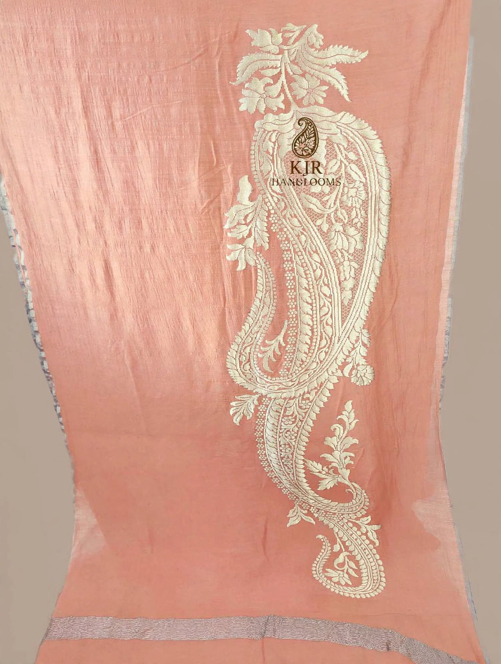 Peach Kadwa Interlock Pure Monga Silk Saree | Banarasi Pure Zari Craft